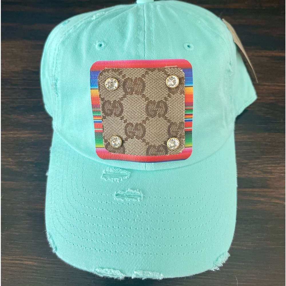 Upcycled Luxury Brand Distressed Dusty Blue Baseball Hat